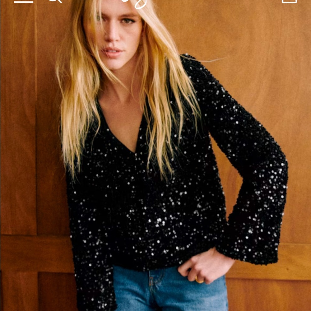 Sezane Shiny Blouse black sequin top size 40
